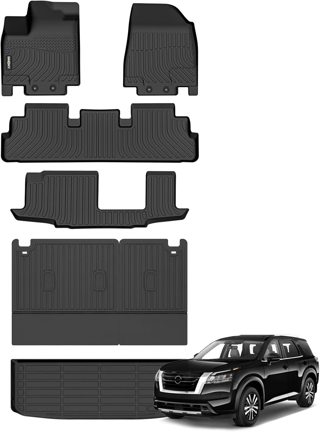 GINOWY-Floor Mats & Cargo Liner for Nissan Pathfinder 2022-2025(8 Passenger), TPE All Weather Car Floor Mats Pathfinder Floor Liners Accessories Black