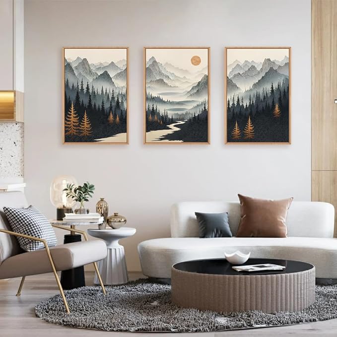 Watercolor Misty Forest Framed Canvas Wall Art Set, Foggy Mountain Wall Decor, Misty Pine Tree Wall Painting, Large Nature Landscape Art Prints for Living Room, Bedroom, Office - 16"X24"X3