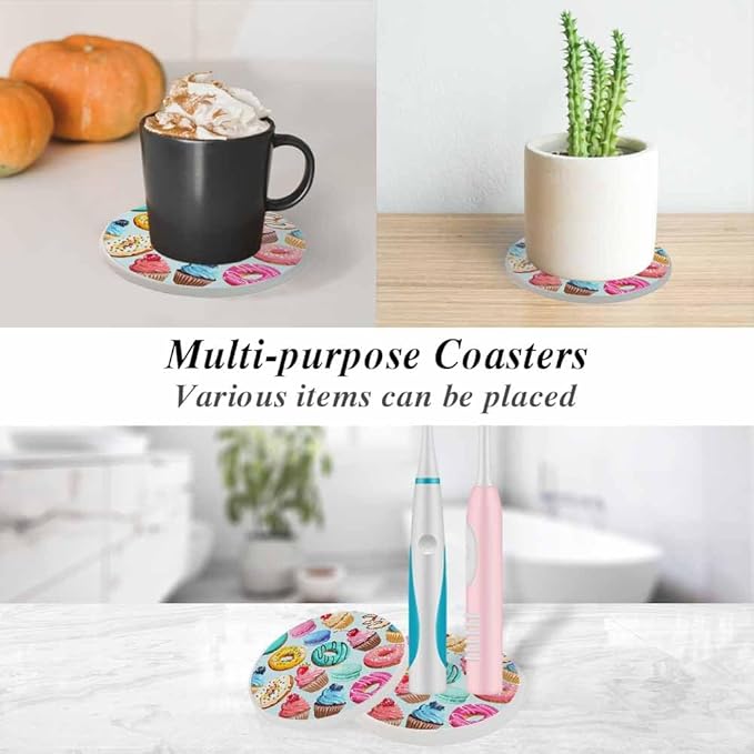 Sweets Cupcake Donut Coasters Cake Macaron Cream Bake Chocolate Ornament Absorbent Drink Coaster Set of 2 Unique Beer Beverage Coasters for Coffee Table Cup Bar Coasters Cute Cork Ceramic Coasters