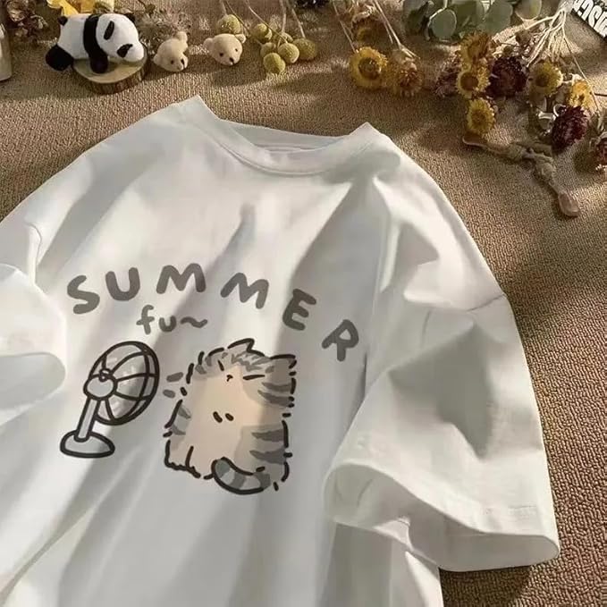 Women's Cute Cat Cartoon Print T-Shirt Kawaii Oversized Graphic Tees Y2K Men's Short Sleeve Tees Grunge Clothes