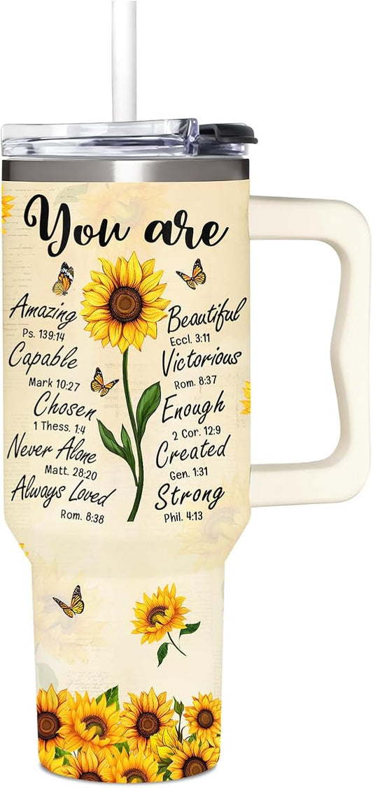 Sunflower Gifts for Women - Christian, Religious Gifts for Women - Encouragement Gift for Woman on Birthday, Mothers Day, Christmas - Sunflower Tumbler 40 oz with Handle & Straw