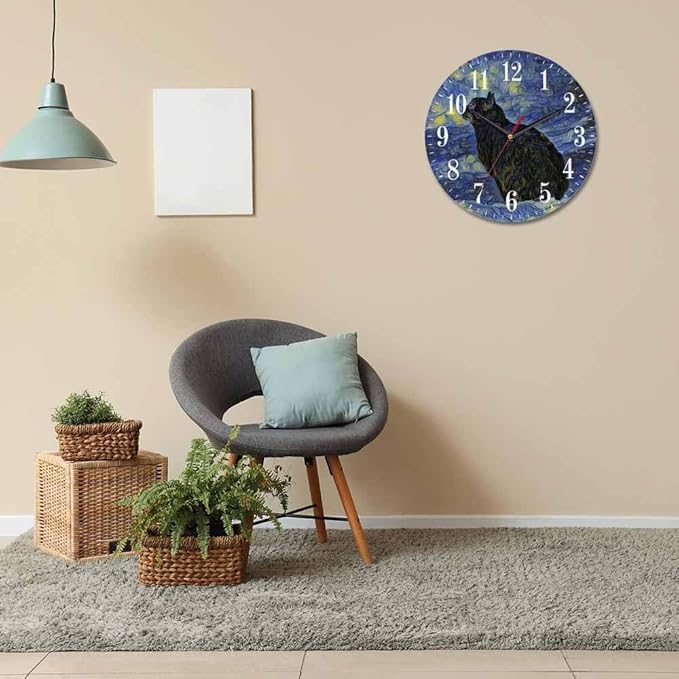 Van Gogh Wall Clock Oil Painting Galaxy Cat 10 Inch Silent Non Ticking Battery Operated Clock Vintage Round Clock for Living Room Bedroom Bathroom Office Decor