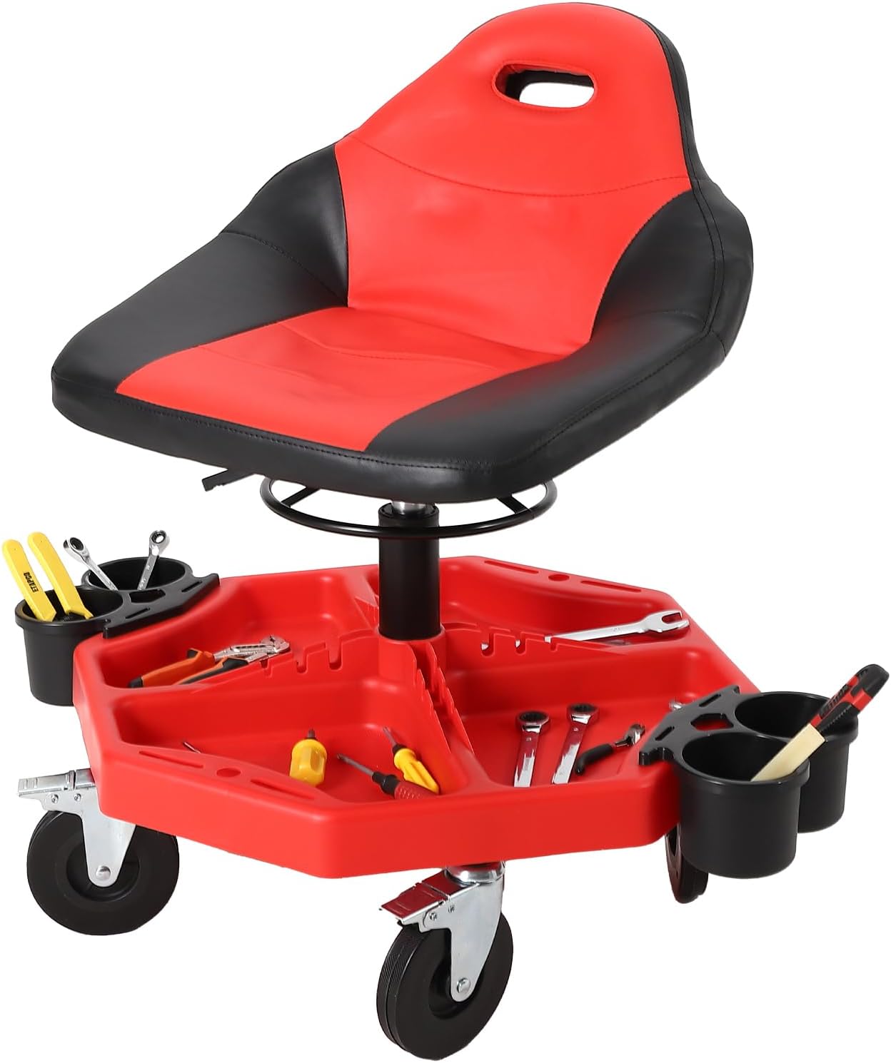 Garage Stool, 19”-24” Adjustable Rolling Mechanic Stool with Universal Wheels, Removable Magnetic Tool Tray, 300LBS Capacity, Roller Creeper Seat, Shop Chair