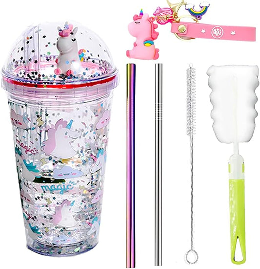 Unicorn Drinking Cup with Straw Kids Travel Tumbler Watter Bottle Ice Coffee Mugs Plastic Cup for Party Gift (full printed unicorn, 6.5 20cm)