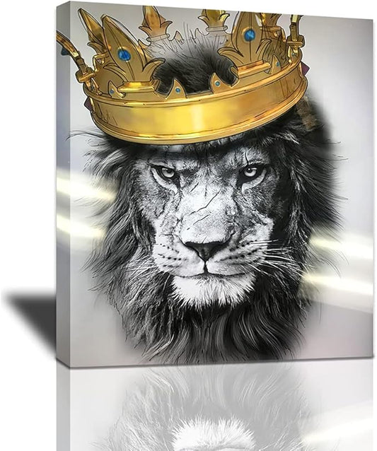 Black and White Lion with Crown Canvas Wall Art Abstract King Animal Artwork Lion Head Portrait Gold Modern Home Print Painting Large Wooden Wall Décor Framed Poster for Bedroom Bathroom 20x24 Inch