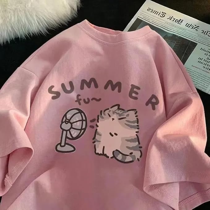 Women's Cute Cat Cartoon Print T-Shirt Kawaii Oversized Graphic Tees Y2K Men's Short Sleeve Tees Grunge Clothes