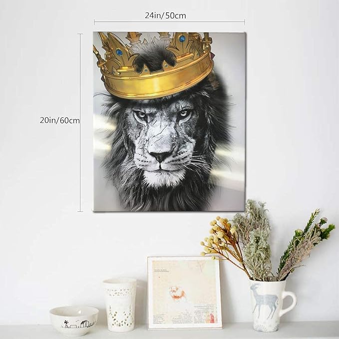 Black and White Lion with Crown Canvas Wall Art Abstract King Animal Artwork Lion Head Portrait Gold Modern Home Print Painting Large Wooden Wall Décor Framed Poster for Bedroom Bathroom 20x24 Inch