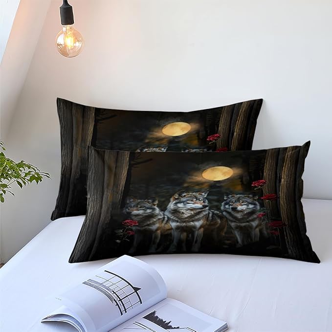 Wolves Comforter Set Twin Forest Wolf Safari Animal Bedding Set with Moon Red Rose Comforter and 1 Pillowcase