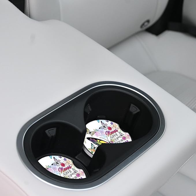 Car Coasters 2 Pack, Small 2.56" Ceramic Stone & Non-Scratch Cork Base Car Cupholder Absorbent Coaster Set for Women/Men Drink Cup Holder Coasters (Butterfl)