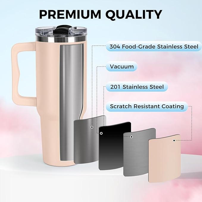 40 oz Tumbler with Handle and Straw Lid Insulated Cup Stainless Steel Water Bottle Travel Mug Gifts for Women Men Kids Trek Collection Thermoses Apricot