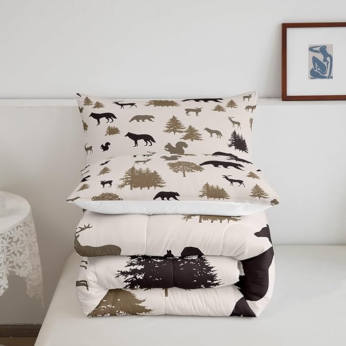 Bear Comforter Set Twin for Kids Boys Girls,Rustic Elk Moose Squirrel Wolf Printed Bedding Set,Animal Silhouette Farmhouse Quilt for Lodge Cabin,Grey Woodland Wildlife Duvet Insert with 1 Pillowcase