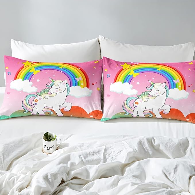 Unicorn Bedding Twin For Girls Kawaii Rainbow Unicorn Quilt Kids Galaxy Stars Comforter Set White Horse Floral Duvet Insert Fantasy Girls Room Decor Children Unicorn Reversible Pink With 1 Pillowcase