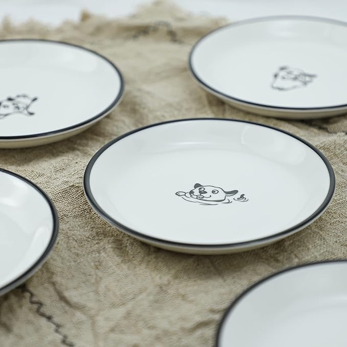 WAIT FLY 5 Inches Funny Happy Dog Pattern with Brush Strokes Ceramics Seasoning Dishes/Tea Bag Holders/Ketchup Saucer/Appetizer Plates/Seasoning Dipping Bowls, Set of 4