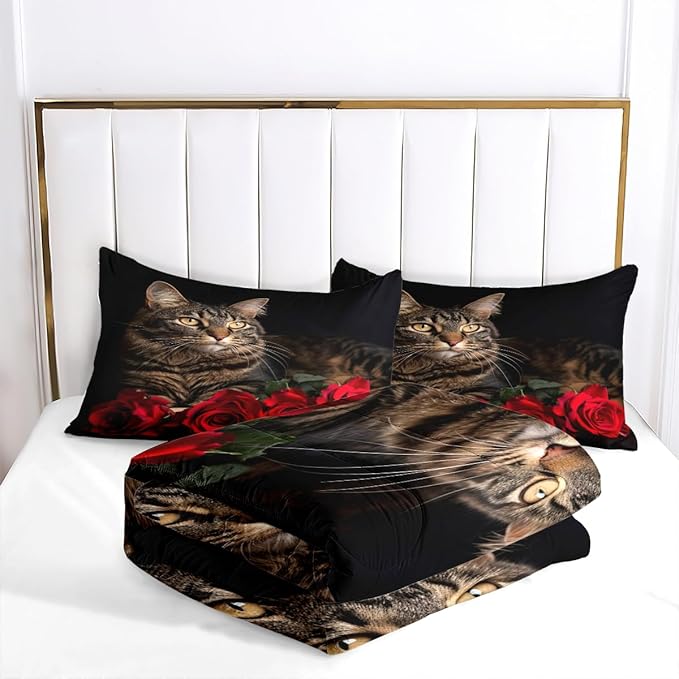 Black Cat Comforter Set Queen Cute Cats Bedding Set for Kids Girls Boys Teen Red Rose Bedding 3Pcs Kawaii Animal Bed Set Soft Down Alternative Comforter Sets with 2 Pillowcases
