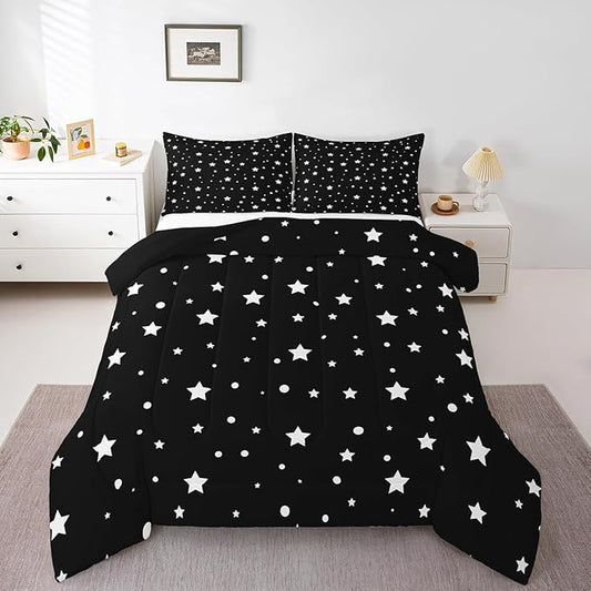 Starry Sky Comforter Set King Size Galaxy Star Bedding Set for Kids Boys Girls, Outer Space Down Comforter, Black and White Geometric Polka Dots Quilt Set Warm Soft Bedroom Decor 2 Pillow Cases