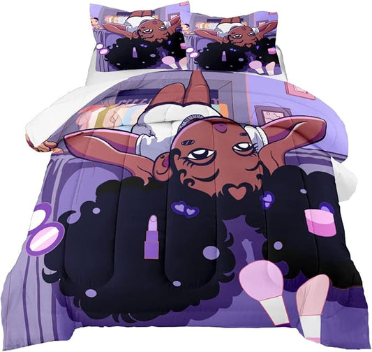 Black Girl Comforter for Full Size Bed, Purple African American Girl Full Bedding, Microfiber Soft 3 Piece Quilt Set, 1 Comforter + 2 Pillowcases