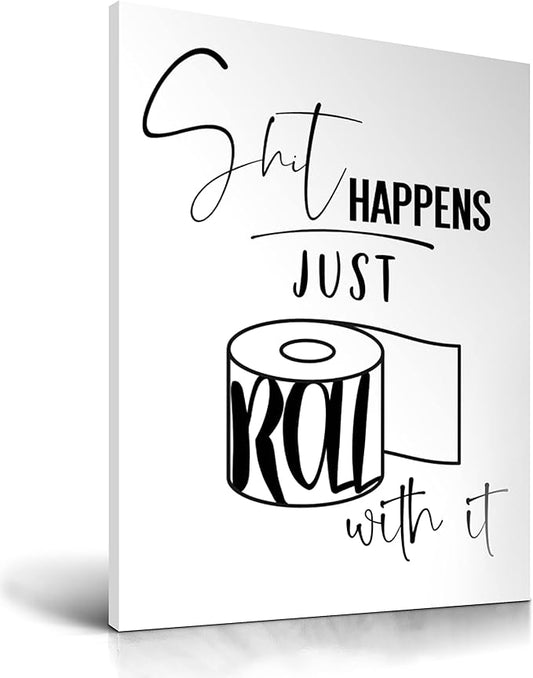UPWOIGH Funny Bathroom Wall Art Decor, Black and White Toilet Paper Wall Art, Waterproof Wood Framed Canvas Wall Art, Downstairs Toilet Humor Abstract Prints, 12x16in Pictures 1 Pack