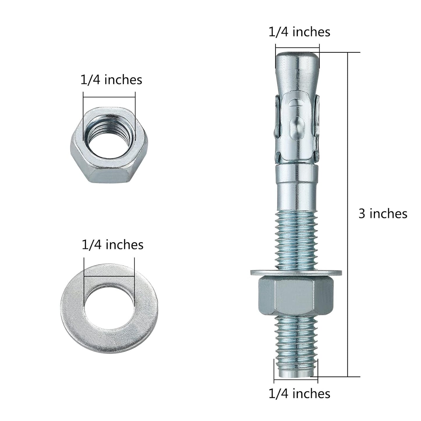1/4x3 100Pcs Inch Standard Fasteners for Heavy-Duty Zinc Wedge Anchors for Cement and Concrete