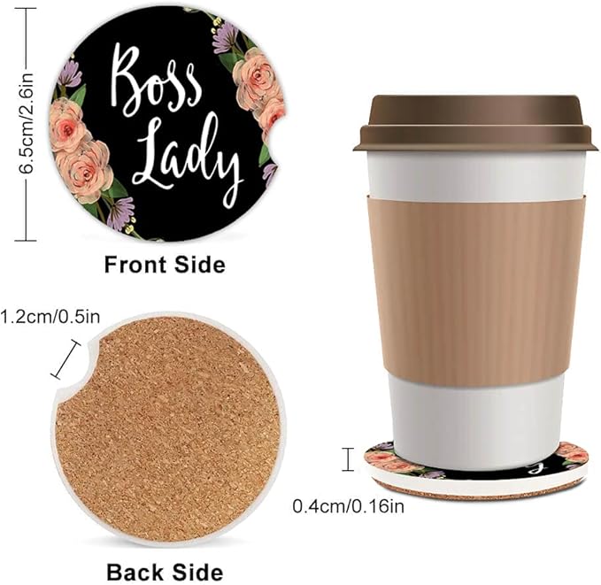Boss Lady Floral Absorbent Car Coasters,Floral Design Decorative Ceramic Cup Holders Coasters with a Finger Notch for Women Men 2.56"(2 Pieces)