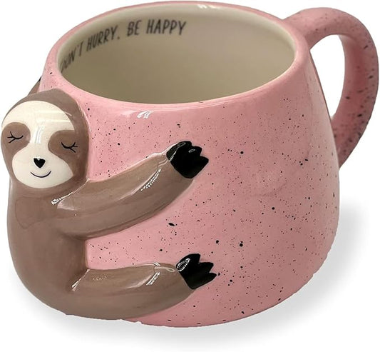 VOTUM White Ceramic Coffee or Tea Mugs: Animal Shaped Coffee Mugs with Hand Printed Designs and Printed Saying - 18.6 Fluid Ounce Large, Cute Handmade Cup (Sloth) Large Coffee Mug, Tea Cup Sloth Gifts