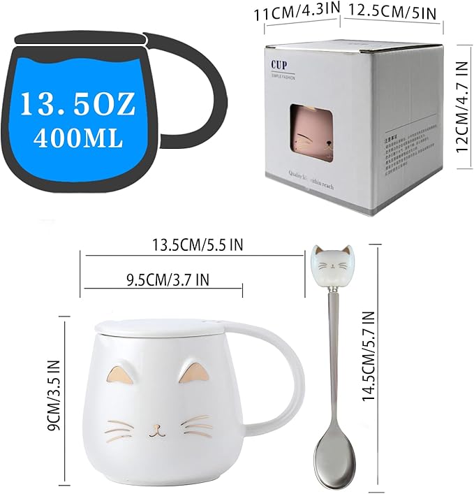 Yuwu Cat Mug Cute Coffee Mug gifts for cat lovers Ceramic Cup, Novelty Mug with Lid and Stainless Steel Spoon, Christmas Birthday Gifts Present for kids Women Girls (White)