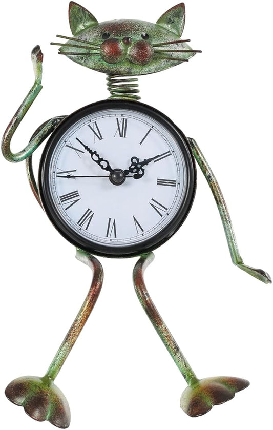 Tooarts Small Cat Desk Clock Handmade Vintage Metal Cat Figurine Decorative Table Animal Clock