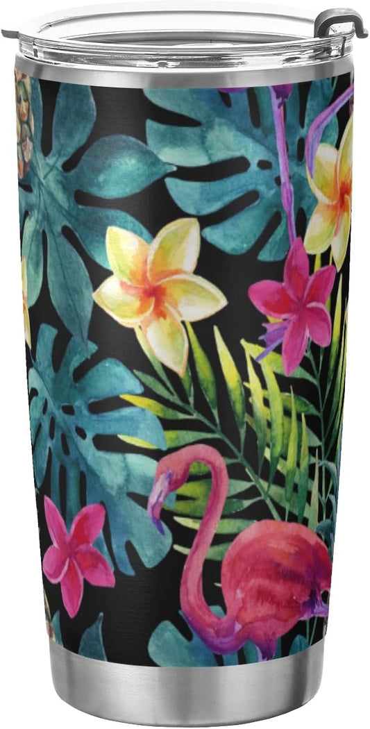 Tumbler Plumeria Pineapple Flamingo Palm Insulated Coffee Cup Beverage Container Travel Mug with Straw and Lid Double Wall Stainless Steel 20oz BPA-Free for Sport, Back to School