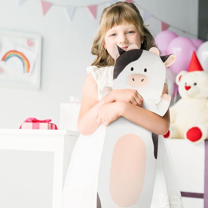 22 inch Milk Cow Stuffed Animal, Soft Long Pillow Doll Cute Cows Plush Hugging Pillow Plushies Toy Gift for Kids, Boys Birthday,Valentine, White