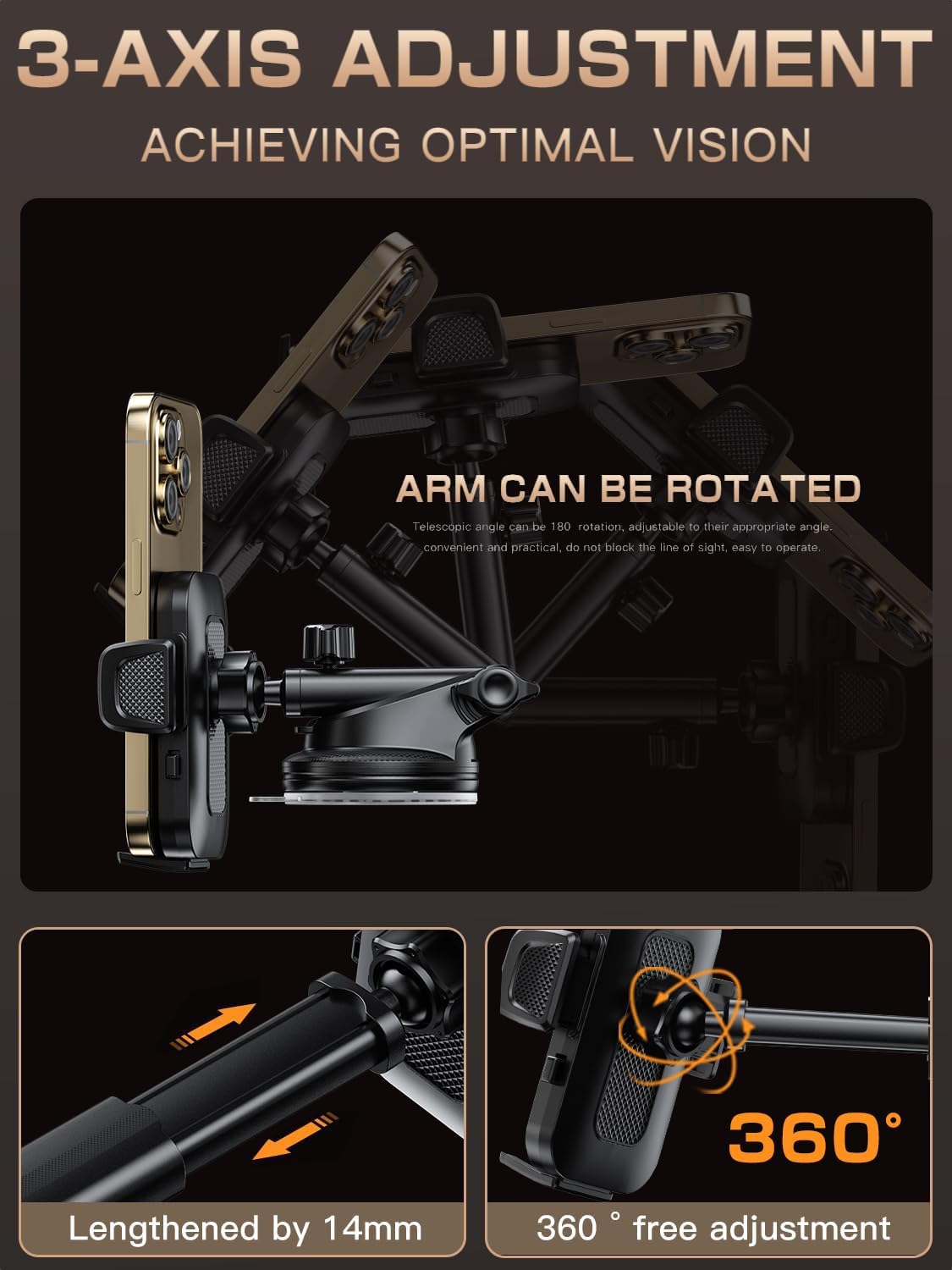 Topmake Car Phone Holder Mount,【2025 Upgrade】 3-in-1 Cell Phone Holder for Car, Dashboard Windshield, Suction Cup Hands-Free Car Phone Stand, Automobile Cradles Universal,Black