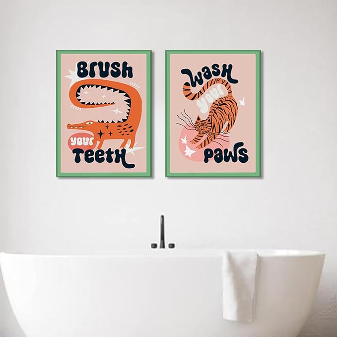 YFvrPt Funny Bathroom Animal Wall Art, Tiger Wash Your Paws Bathroom Wall Decor, Cute Eclectic Restroom Poster Canvas Prints Funky Maximalist Toilet Sign for Kids Room Nursery Framed 16x24 inch