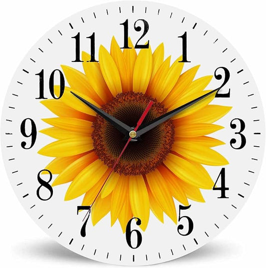 Sunflower Flower Wall Clock Beautiful Yellow Floral Blooming Nature Bright 10 Inch Silent Non Ticking Battery Operated Clock Vintage Round Clock for Living Room Bedroom Bathroom Office Decor