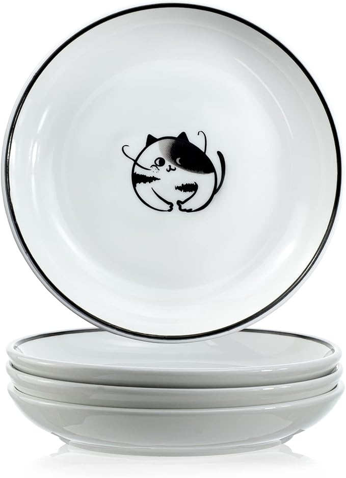 WAIT FLY 5 Inches Funny Dog and Cat Pattern with Brush Strokes Ceramics Seasoning Dishes/Tea Bag Holders/Ketchup Saucer/Appetizer Plates/Seasoning Dipping Bowls, Set of 4