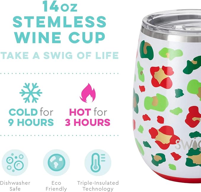 Swig Life 14oz Insulated Wine Tumbler with Lid | 40+ Pattern Options | Dishwasher Safe, Holds 2 Glasses, Stainless Steel Outdoor Wine Glass (Jingle Jungle)