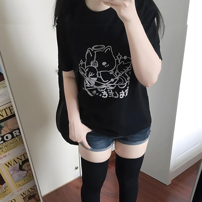 Y2K Gothic Grunge Kawaii Fashion Casual Style Crew Neck Short Sleeve Goth Cartoon Cat Graphic Print T-Shirt