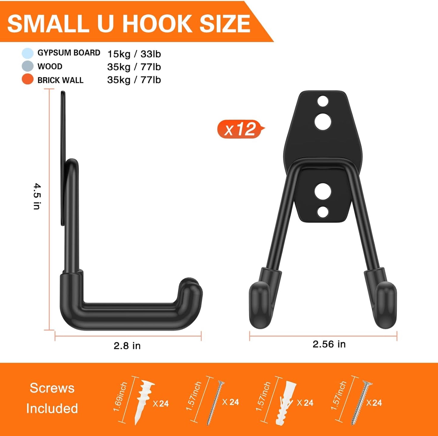 Heavy Duty Garage Hooks 12 Pack, 2.8 inch Small U Shaped Hanger, Wall Mounted Storage System, Power and Garden Tool Organizer, for Hanging Ladders, Hose, Bulk Items and More