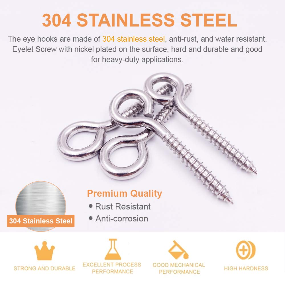24 Pack, 3-1/5 Inch 304 Stainless Steel Eye Shape Screws Metal Hook, Heavy Duty Hanging Hooks Eyelet Screws Bolt for Yoga & Brazilian Hammocks, Swing Chair, M6 Screw (Style B)