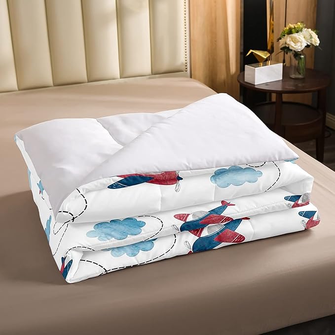 Boys Airplane Comforter Set Full Size,Vintage Watercolor Airplane Bedding Set for Kids Space Room Decor,Cartoon Bedding Aircraft Blue Clouds Comforters Soft Lightweight Bedding Quilted 2 Pillow Cases