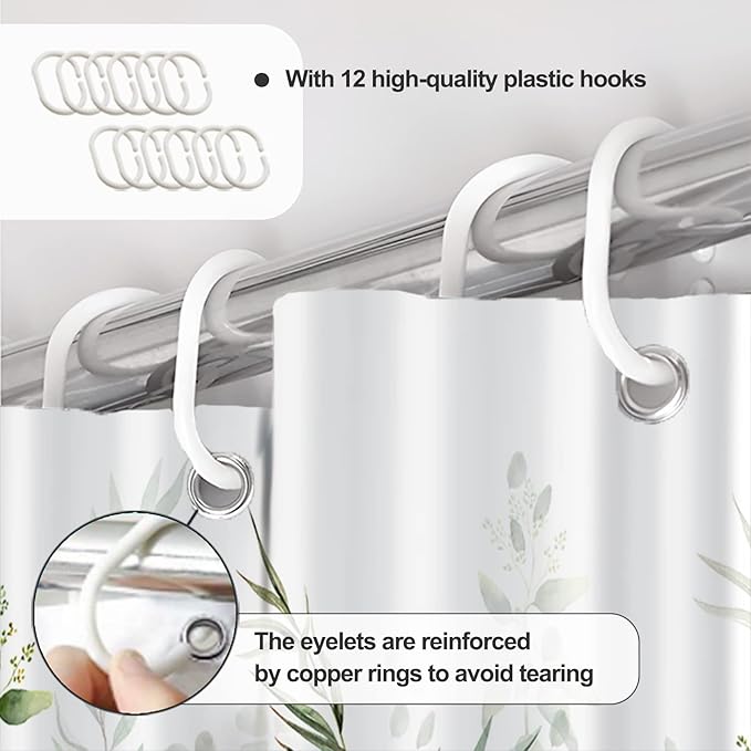 AWERT Shower Curtain Plants for Bathroom,Waterproof Quick-Drying Green Leaves Shower Curtain Set with Hooks 72x84 Inch