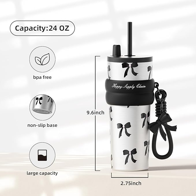 24 OZ Stainless Steel Vacuum Tumbler with Lid and Straw, Iced Insulated Water Bottle Leak Proof, Portable Travel Coffee Mug, Reusable Double Wall Vacuum Thermal Cup for Women