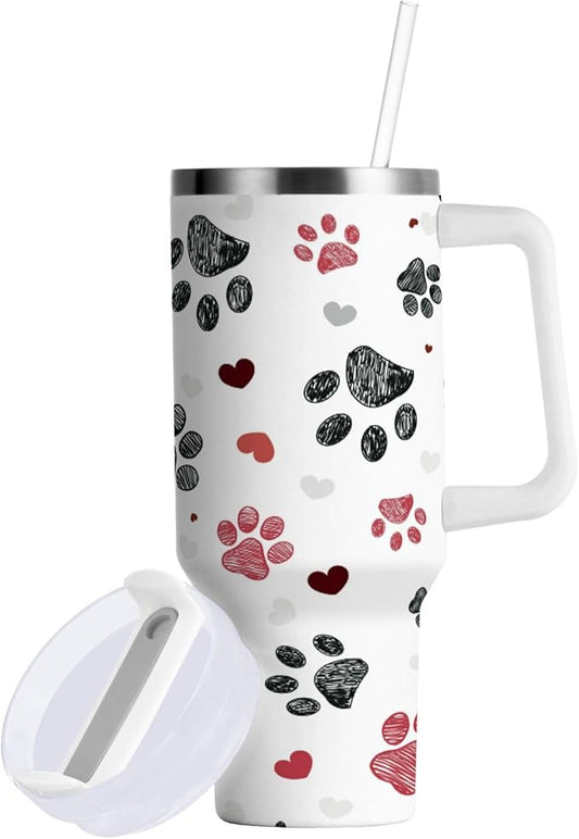 Boccsty Black Red Dog Paw Prints Hearts Insulated Tumblers Reusable Stainless Steel Tumbler 30 oz Cup Coffee Travel Mug Water Bottle with Handle & Flip Straw for Home Office Car