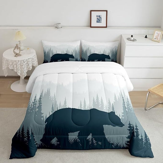 Woodland Comforter Set for Kids Boys Girls Teens,Bear Wild Animal Silhouette Bedding Set Queen Size,Natural Tree Down Comforter Home Room Decor,Misty Mountain Quilted Duvet Warm with 2 Pillow Sham