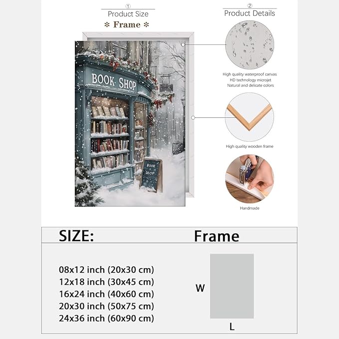 Vintage Christmas wall art Winter Book Shop Poster Print Book Lovers Gift Reading wall art Bookshop Wall Decor Winter Landscape Painting Room decor Aesthetic Framed16x24inch