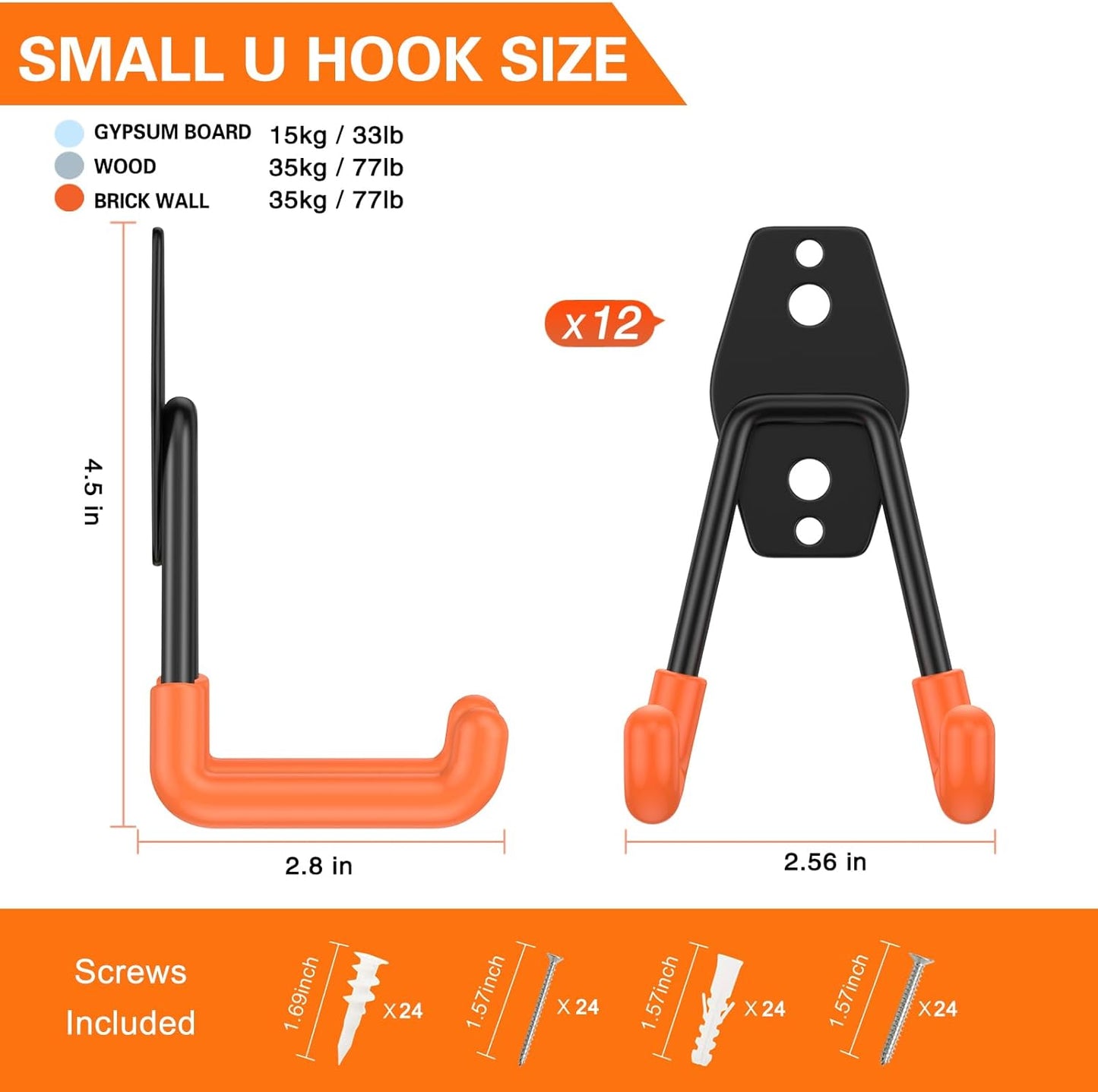 Heavy Duty Garage Hooks 12 Pack, 2.8 inch Small U Shaped Hanger, Wall Mounted Storage System, Power and Garden Tool Organizer, for Hanging Ladders, Hose, Bulk Items and More