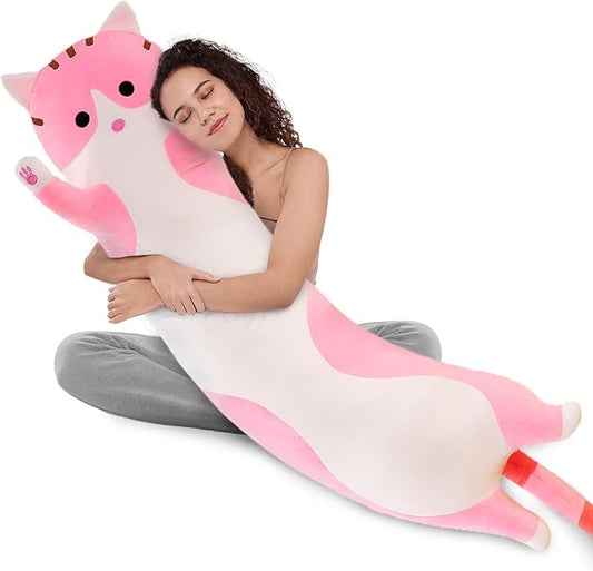 WUYU Lovely Plush Cat Doll Cute Cartoon Soft Stuffed Kitten Pillow Long Throw Sleeping Pillow Doll Toy Gift for Kids Girlfriend Multiple Size (Pink,150cm/59in)