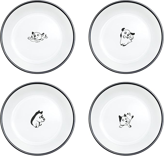WAIT FLY 5 Inches Funny Happy Dog Pattern with Brush Strokes Ceramics Seasoning Dishes/Tea Bag Holders/Ketchup Saucer/Appetizer Plates/Seasoning Dipping Bowls, Set of 4