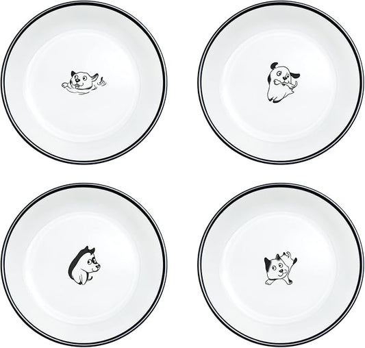WAIT FLY 5 Inches Funny Happy Dog Pattern with Brush Strokes Ceramics Seasoning Dishes/Tea Bag Holders/Ketchup Saucer/Appetizer Plates/Seasoning Dipping Bowls, Set of 4