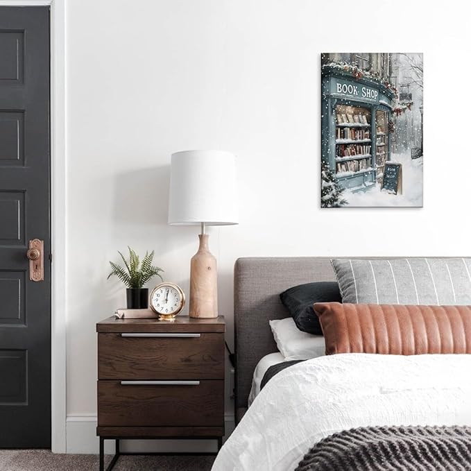 Vintage Christmas wall art Winter Book Shop Poster Print Book Lovers Gift Reading wall art Bookshop Wall Decor Winter Landscape Painting Room decor Aesthetic Framed8x12inch
