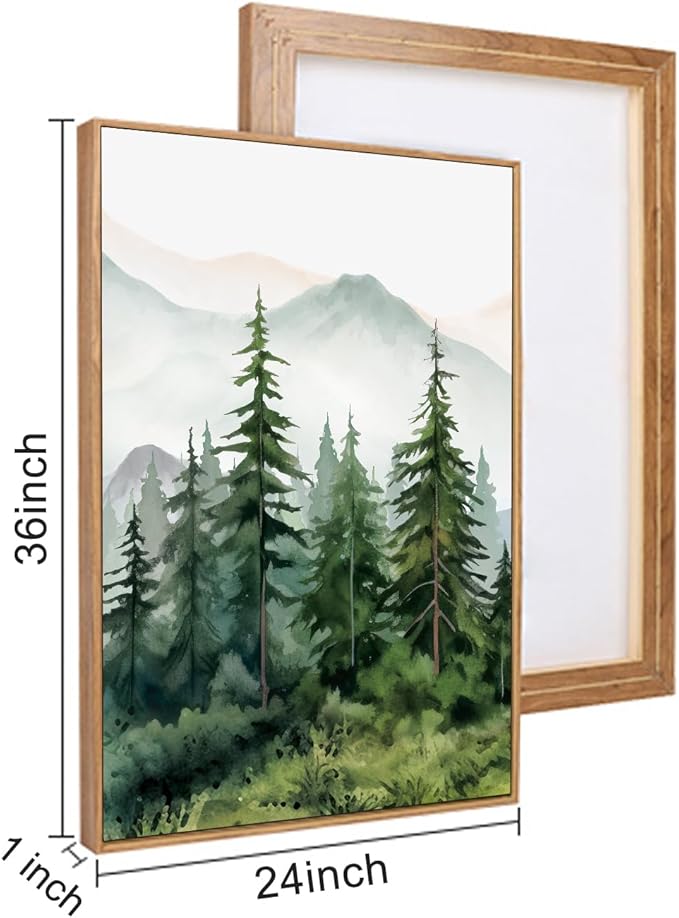 Watercolor Mountain Range Framed Canvas Wall Art Set, Green Forest Tree Wall Decor, Woodland Nursery Wall Painting, Modern Wilderness Art Print for Living Room, Bedroom, Office 24"x36"x3