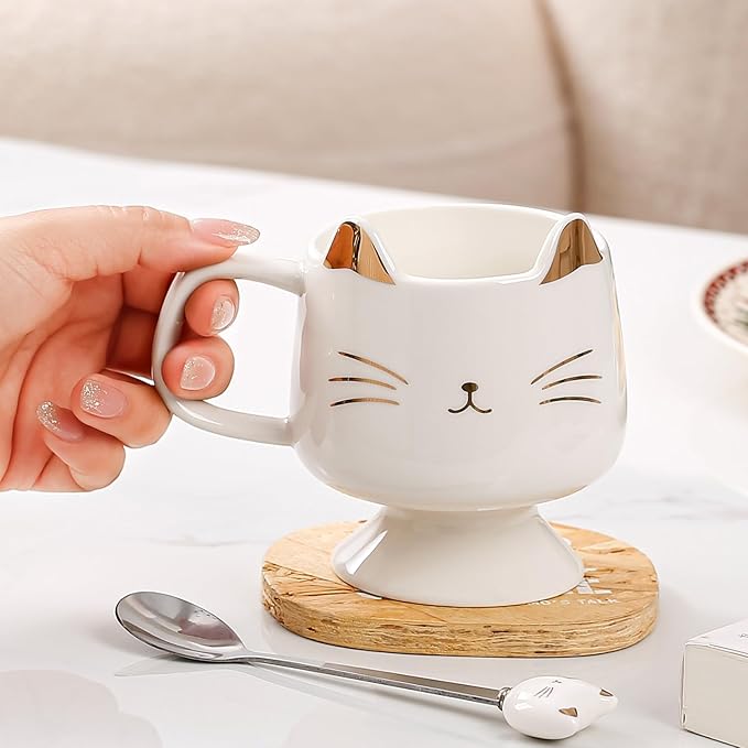 Yuwu Ceramic Coffee Mug, Cute Cat Tea Mug with Spoon, Funny Gifts for Women Girls for cat lovers (White)