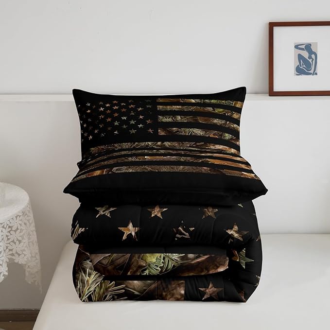 American Flag Camo Bedding Set Rustic Tree Leaves Camouflage Comforter Set Twin,Military Hunting Down Comforter For Boys Teens Kids Man Bedroom Nature Conifer Oak Branches Bedding Quilt Set 2 Pcs